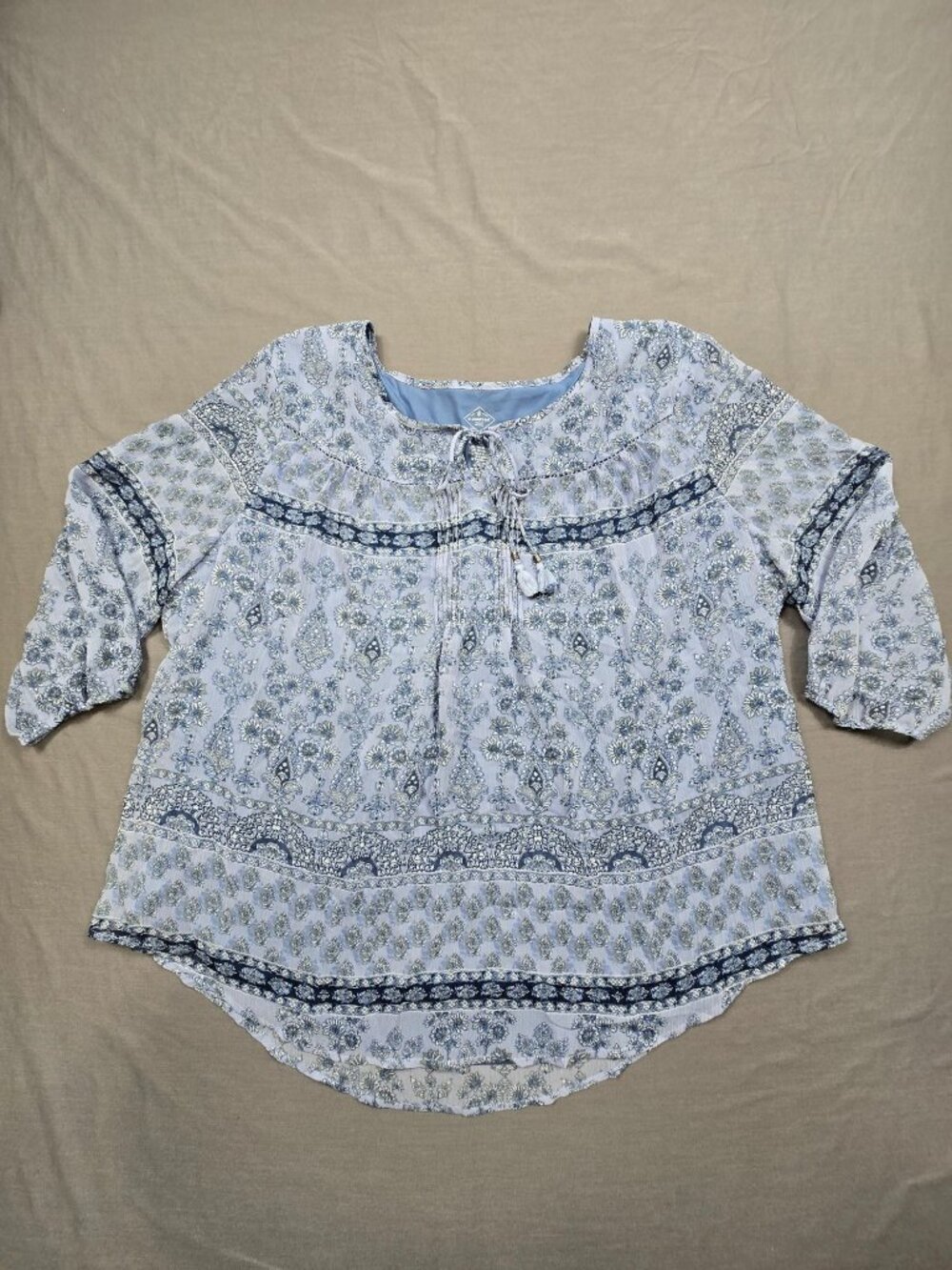 St Johns Bay 2X Boho Tunic Blue Floral Peasant Long Sleeve